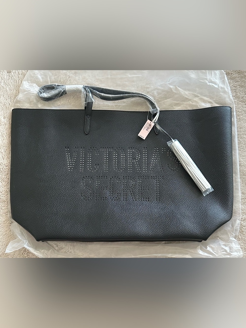 Victoria's Secret Black Pebbled Faux Leather Laser Cut Tote Bag New NWT